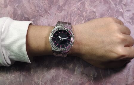 Hero Ga2100 Rose Red Diamond Bezel Black Dial Silver Bracelet